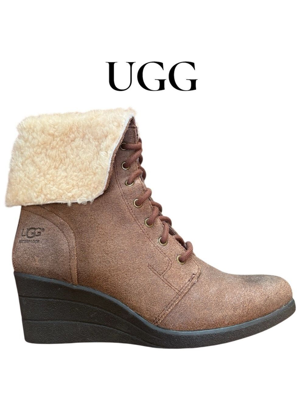 UGG Brown Suede Shearling Cuff Wedge boot. Size 9. Like new condition! EUC